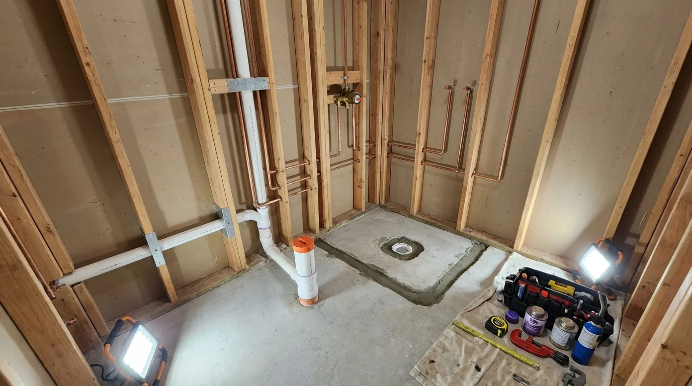 Bathroom rough-in plumbing during remodel by Johns Plumbing LLC in Eclectic