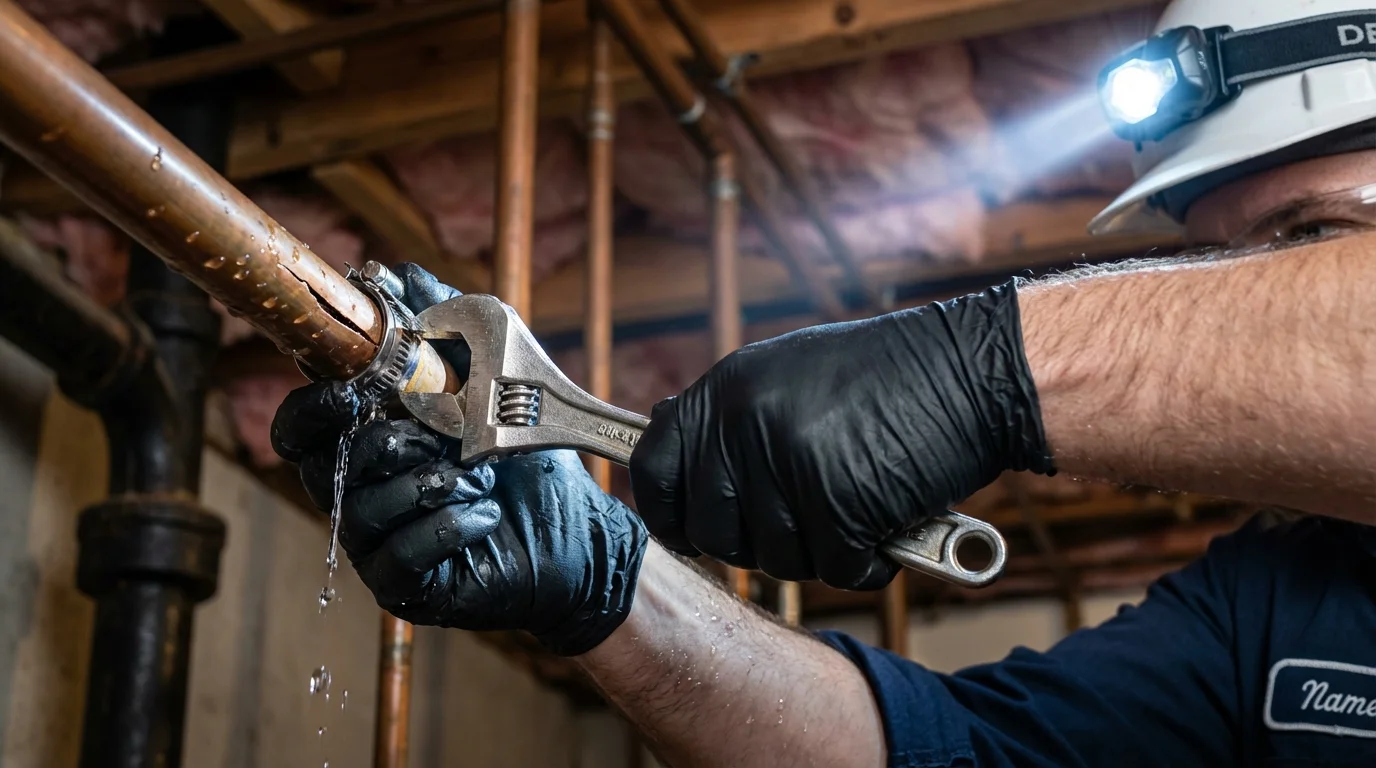 Emergency pipe clamp repair being performed by a Johns Plumbing LLC plumber in Eclectic