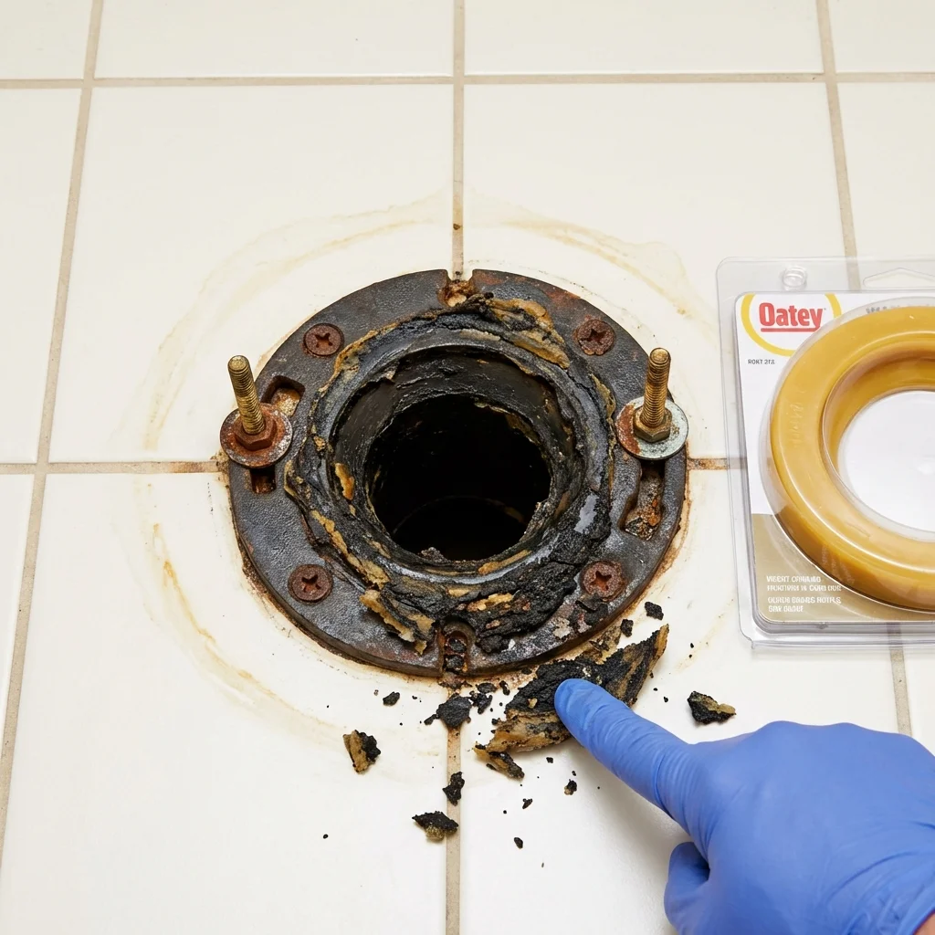 Failed wax ring showing water seepage at the base of a toilet in a Eclectic, AL home
